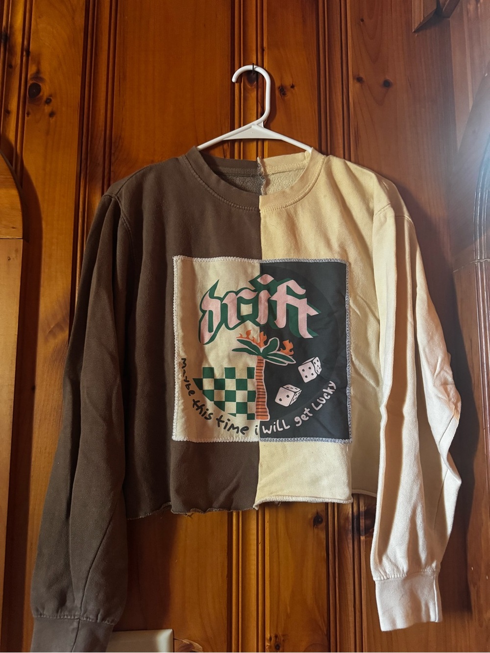 Two-Tone Brown and Cream Graphic Cropped Sweatshirt